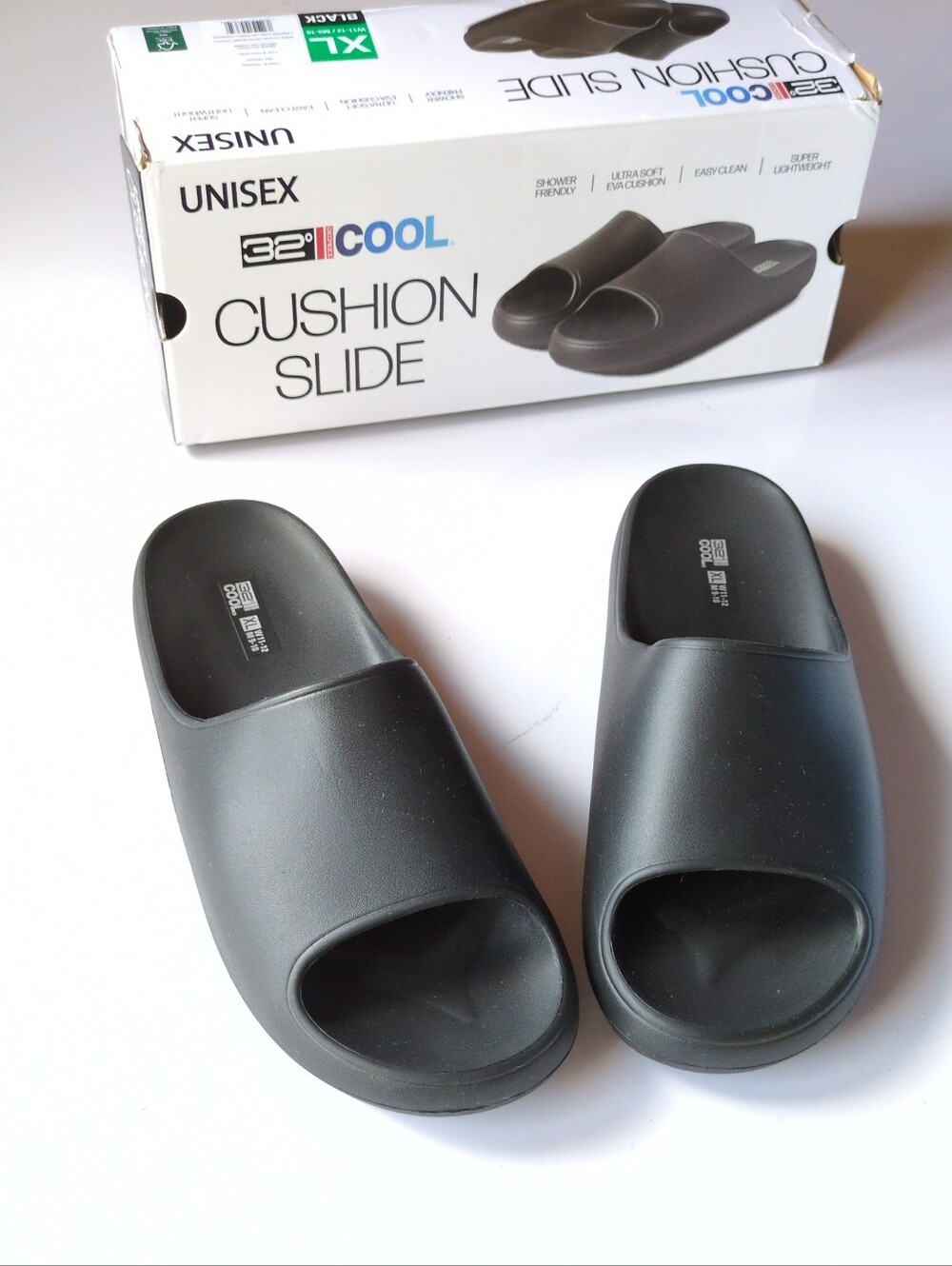 32 Degrees Cool Unisex Black Cushion Slide Sandals Mens Sz 9-10 W11-12